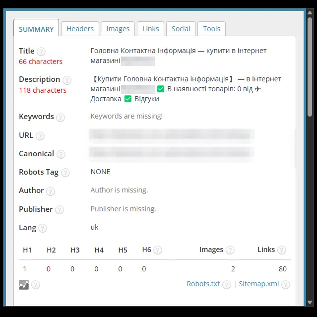 SEO-теги: страница контактов магазина компьютерной техники до оптимизации