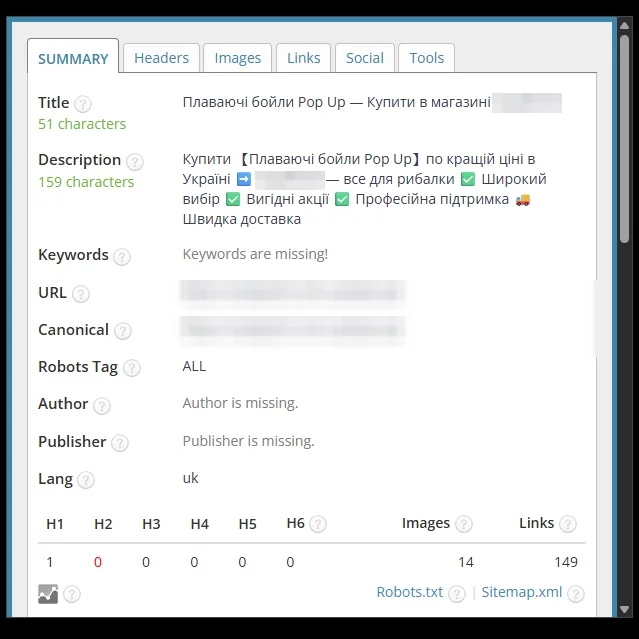 SEO-теги категорії плаваючих бойлів після оптимізації