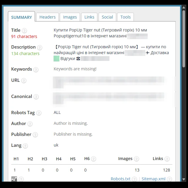 SEO-теги картки плаваючої насадки до оптимізації