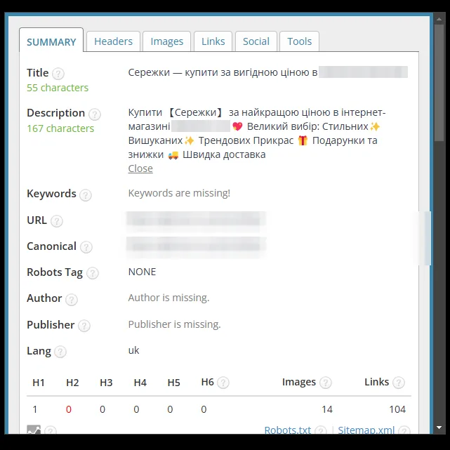 SEO-теги: категория серег магазина бижутерии после оптимизации