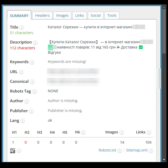 SEO-теги: категория серег магазина бижутерии до оптимизации