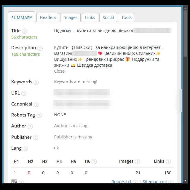 SEO-теги: категория подвесок магазина бижутерии после оптимизации