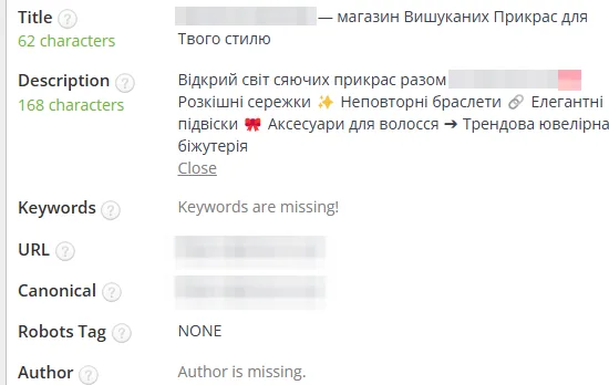 SEO-теги после оптимизации: бижутерия
