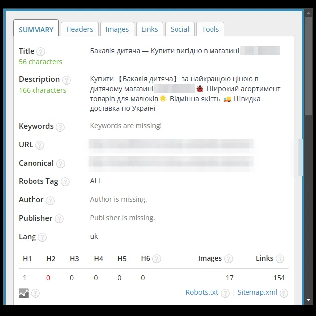SEO-теги категорії дитячої бакалії після оптимізації