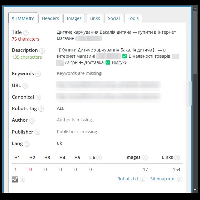 SEO-теги категорії дитячої бакалії до оптимізації