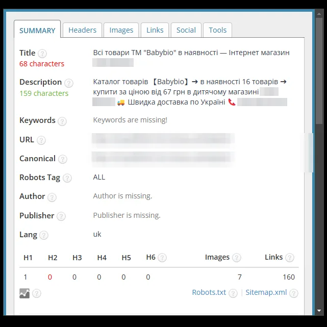 SEO-теги сторінки бренду дитячого харчування після оптимізації