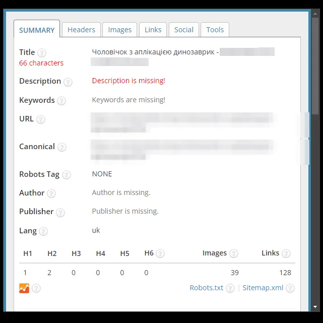 SEO-теги карточки товара с длинным названием до оптимизации