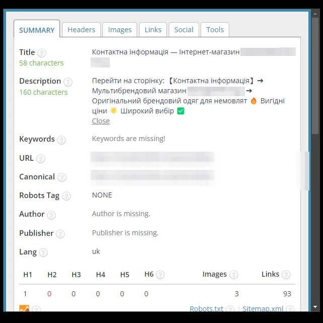 SEO-теги страницы контактов после оптимизации