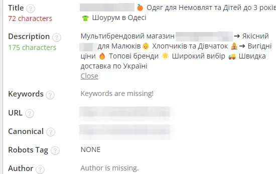SEO-теги после оптимизации: детская одежда