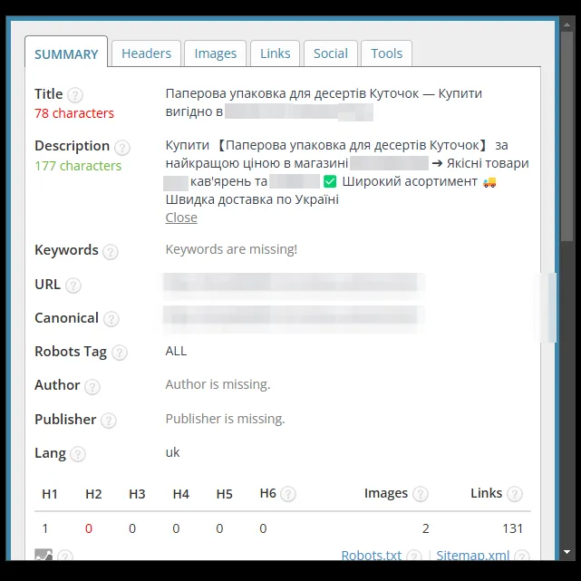 SEO-теги категорії паперової упаковки для десертів після оптимізації
