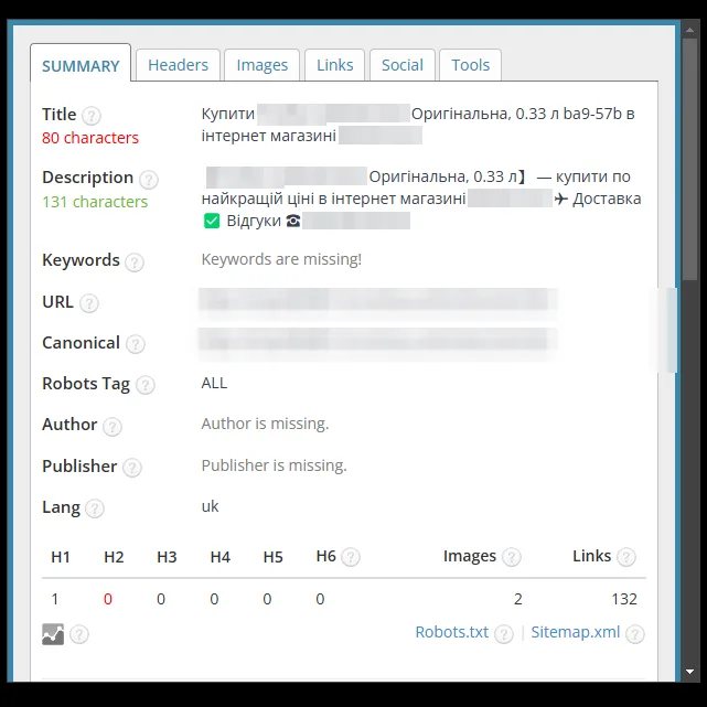 SEO-теги картки товару комбуча до оптимізації
