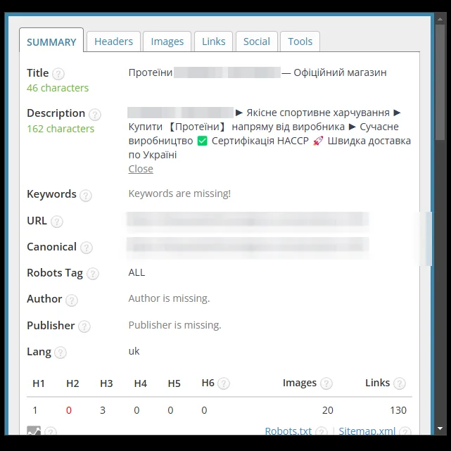SEO-теги: категория протеинов после оптимизации