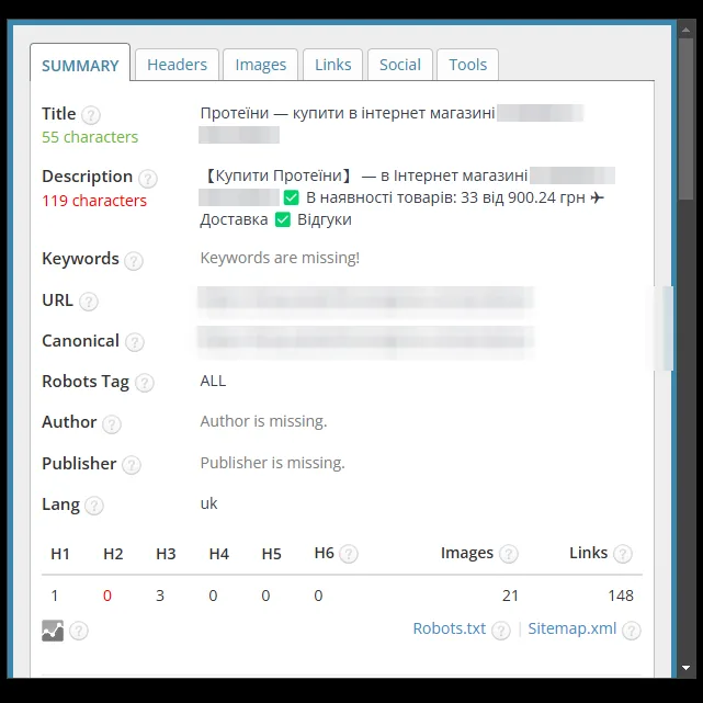 SEO-теги: категория протеинов до оптимизации