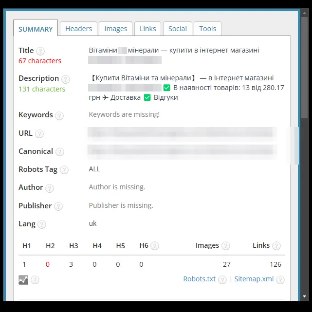 SEO-теги: категория витаминов и минералов до оптимизации