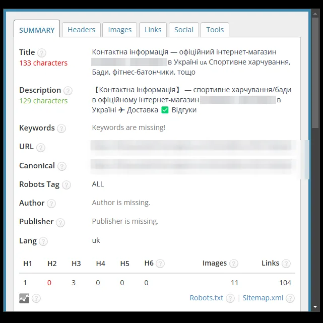 SEO-теги: страница контактов до оптимизации