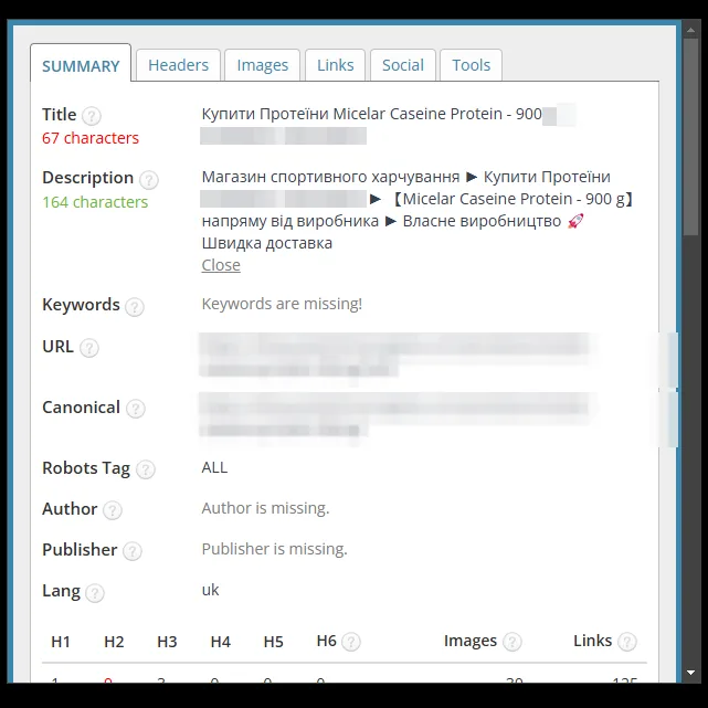 SEO-теги: карточка казеинового протеина после оптимизации