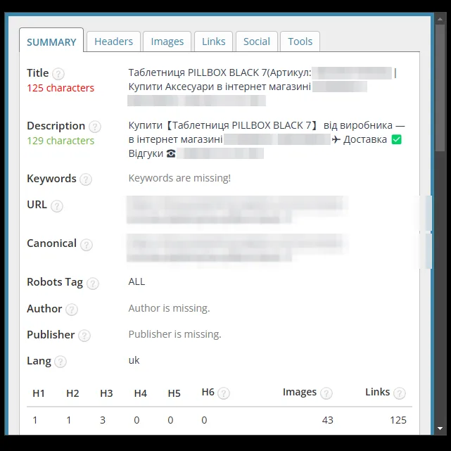 SEO-теги: карточка таблетницы до оптимизации