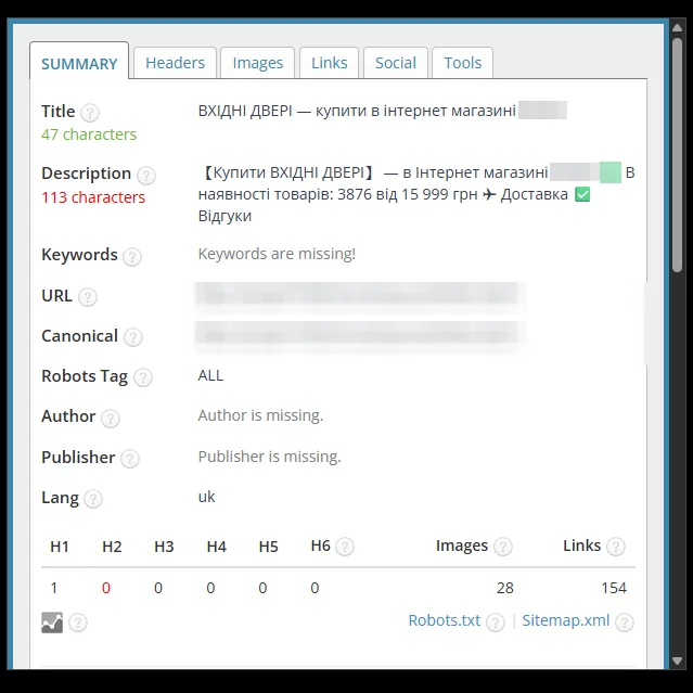 SEO-теги: категория входных дверей магазина дверей до оптимизации
