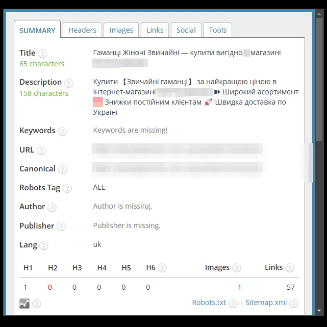 SEO-теги категории обычных кошельков магазина сумок после оптимизации