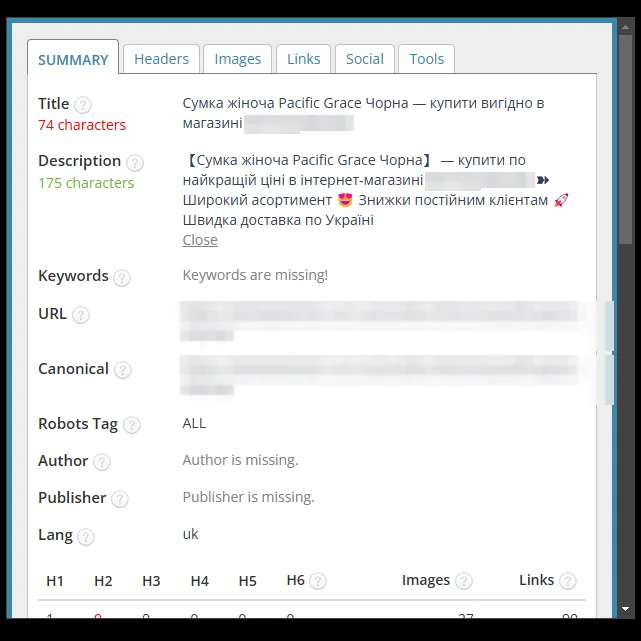 SEO-теги карточки товара "черная женская сумка" магазина сумок после оптимизации
