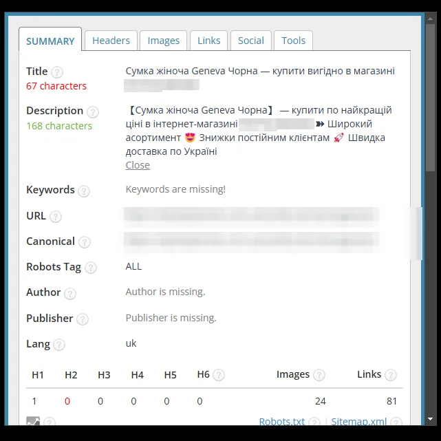 SEO-теги второй карточки товара "черная женская сумка" магазина сумок после оптимизации