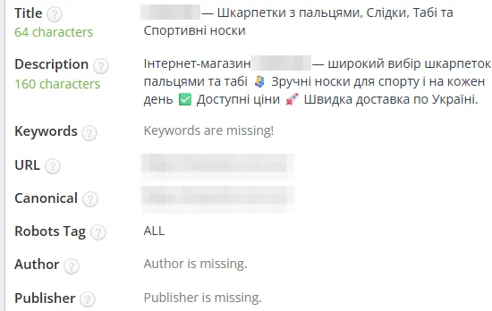 SEO-теги после оптимизации: носки