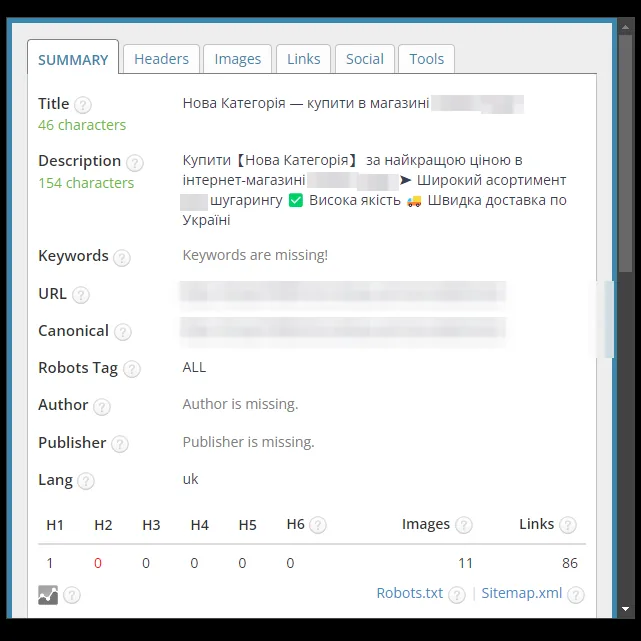 SEO-теги: тестовая категория с шаблоном тегов, после оптимизации