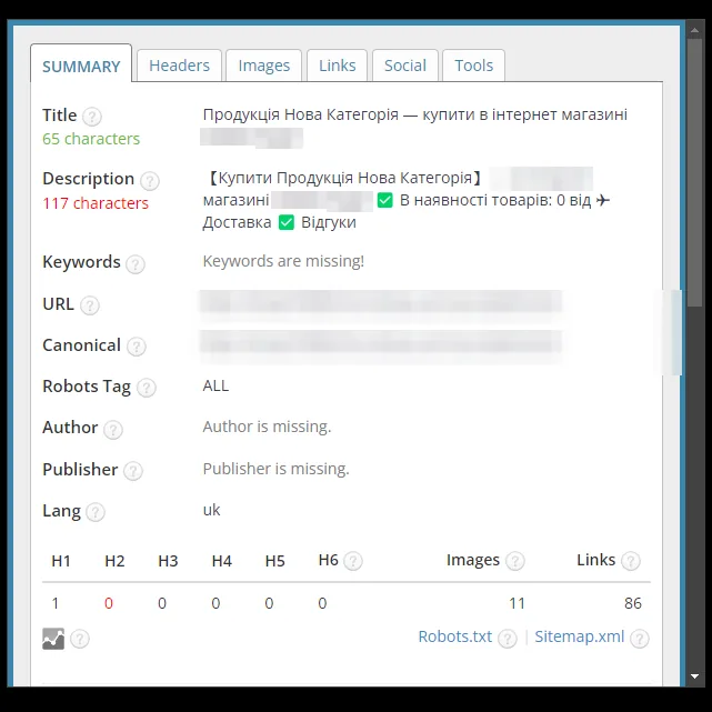 SEO-теги: тестовая категория с шаблоном тегов, до оптимизации