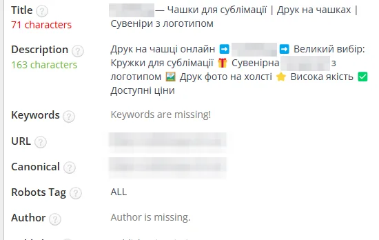 SEO-теги после оптимизации: чашки для сублимации