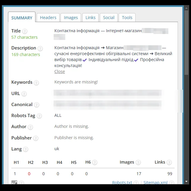SEO-теги: сторінка контактів магазину кліматичної техніки до оптимізації