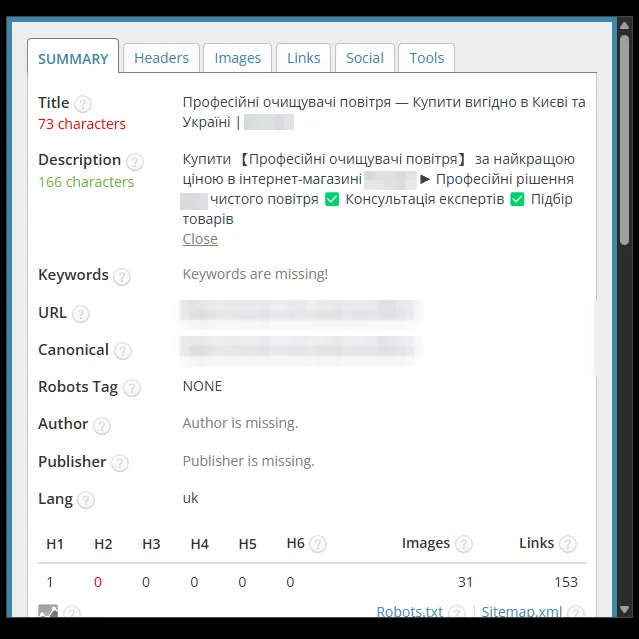 SEO-теги категорії очищувачів повітря після оптимізації
