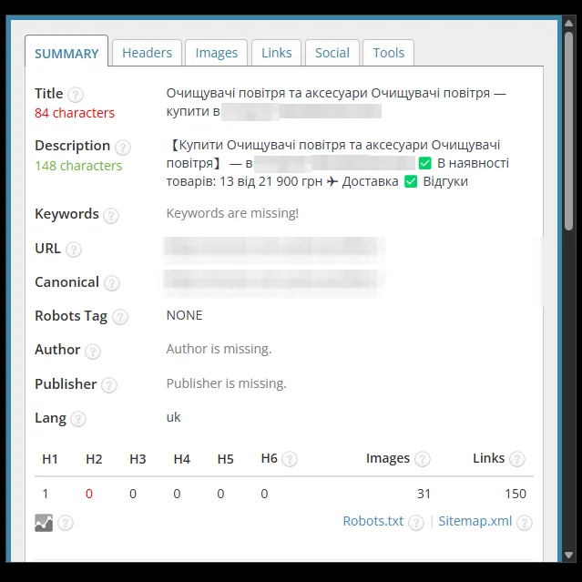 SEO-теги категорії очищувачів повітря до оптимізації
