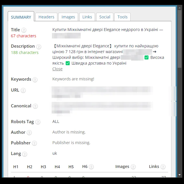 SEO-теги: картка міжкімнатних дверей після оптимізації
