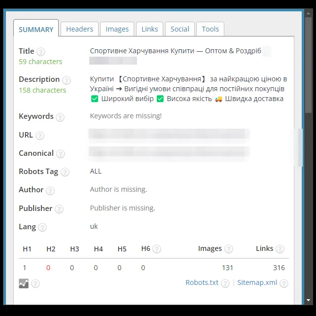 Панель перевірки SEO-тегів категорії спортивного харчування після оптимізації