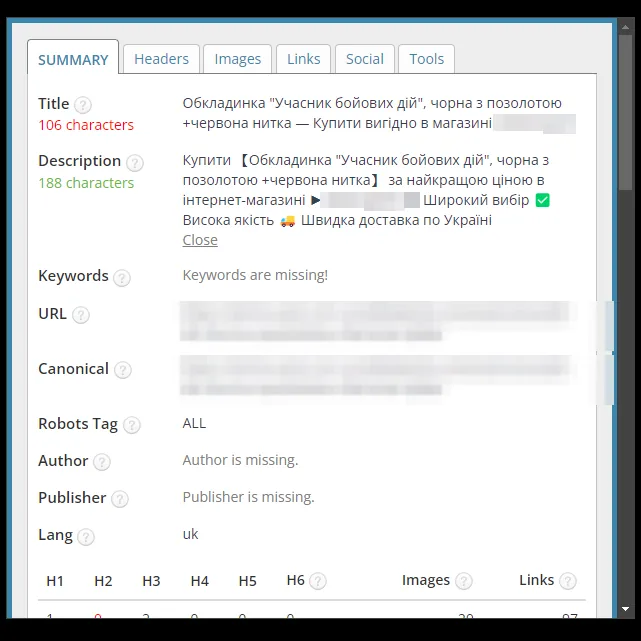 SEO-теги: карточка товара, обложка для удостоверения магазина товаров широкого потребления после оптимизации