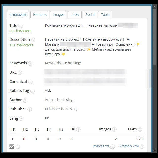 SEO-теги: страница контактов магазина освещения после оптимизации