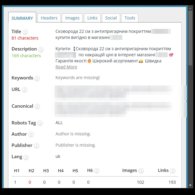 SEO-теги карточки товара "сковорода с антипригарным покрытием" после оптимизации