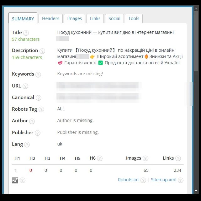 SEO-теги категории кухонной посуды после оптимизации