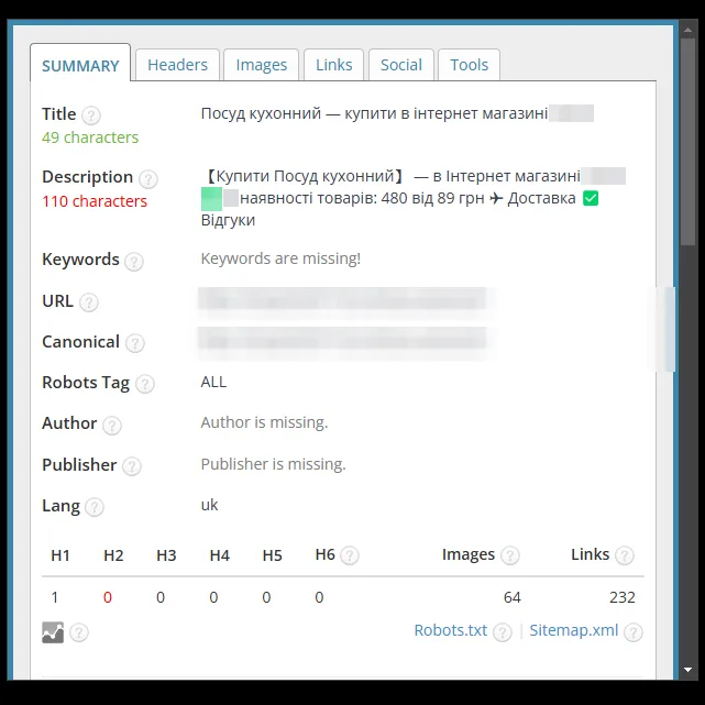 SEO-теги категории кухонной посуды до оптимизации