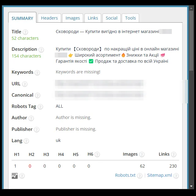 SEO-теги категории сковород после оптимизации