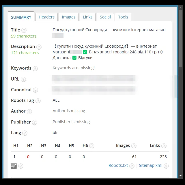 SEO-теги категории сковород до оптимизации