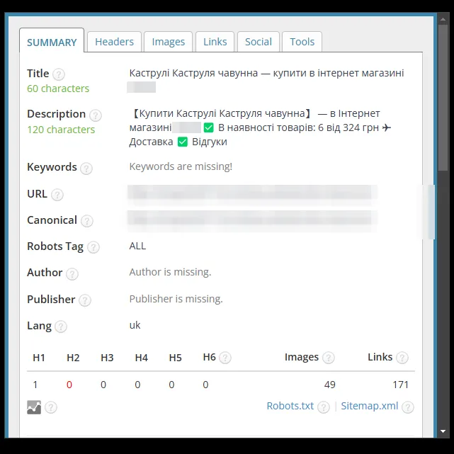 SEO-теги категории чугунных кастрюль до оптимизации