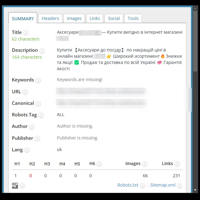 SEO-теги категории аксессуаров для посуды после оптимизации