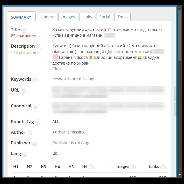 SEO-теги карточки товара "чугунный казан" после оптимизации