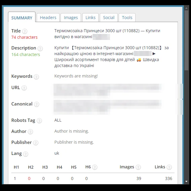 SEO-теги: картка товару магазину дитячих іграшок після оптимізації
